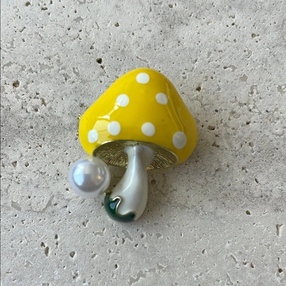 Anthropologie Yellow and White Mushroom Brooch Whimsical Design